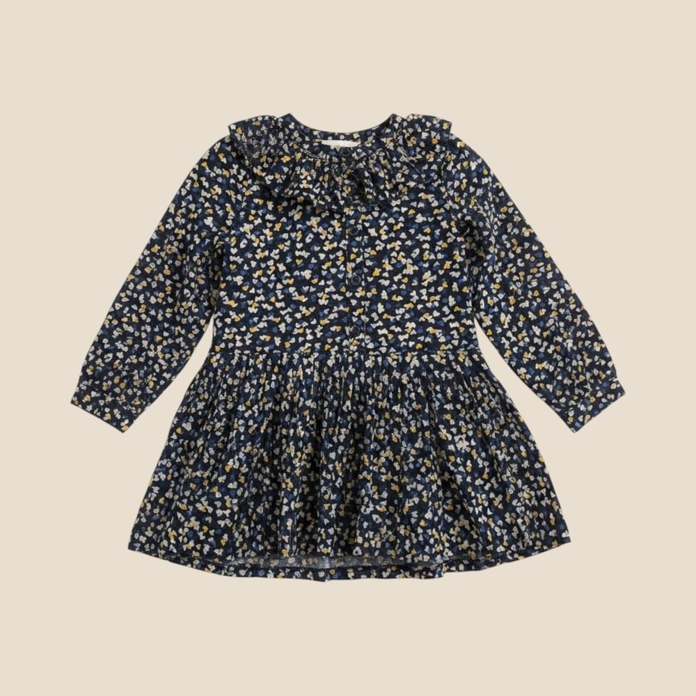 Mayoral Girls Navy Heart Print Ruffle Collar Long Sleeve Dress Size 3 98cm
